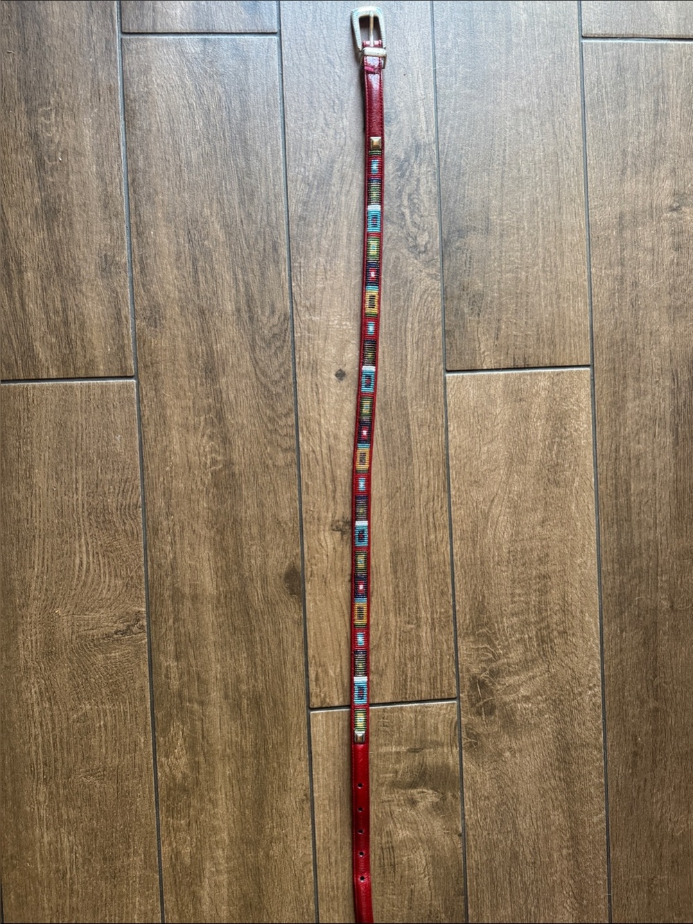 Brighton Red Leather Belt with Multicolor Beaded Inlay